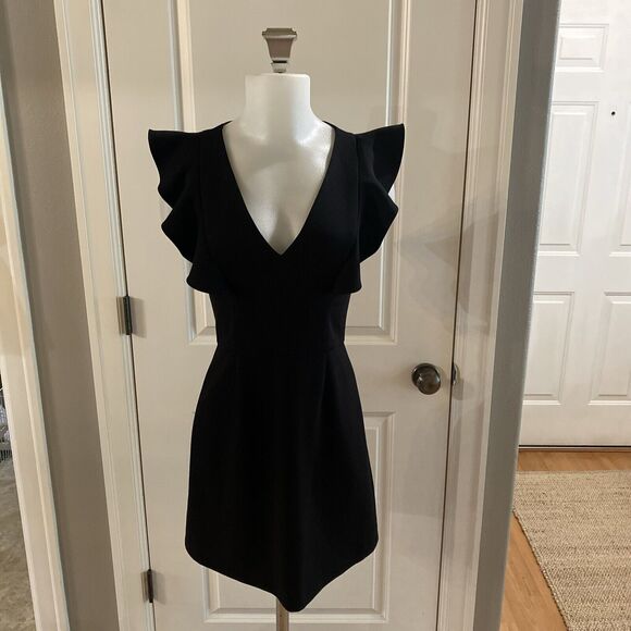 FRENCH CONNECTION Black WHISPER V-Neck RUFFLE Cocktail MINI DRESS -Size US 4 - Picture 2 of 14